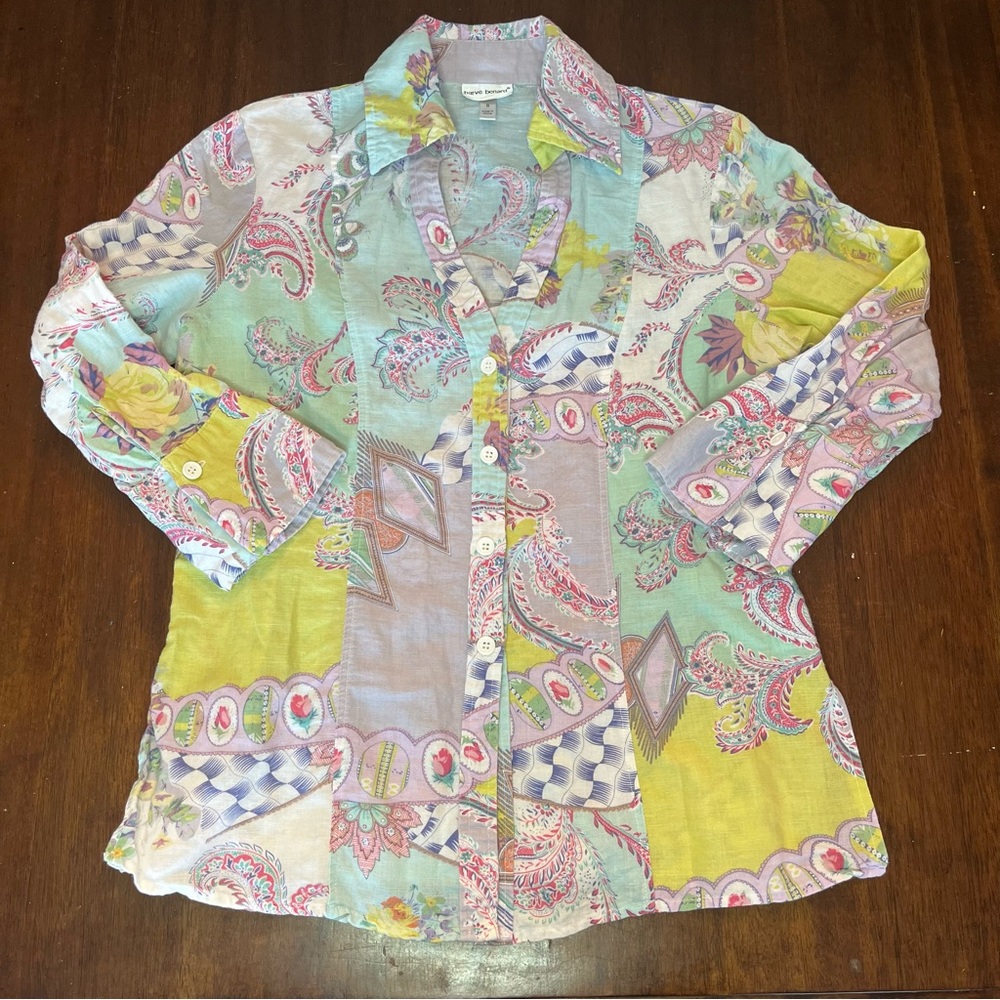 Harve Benard Cottagecore Patchwork Floral Linen Cotton 3/4 Sleeve Shirt Size S